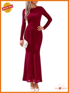 Women Long Sleeve Bodycon Tie Waist Mesh Maxi Dress Fall Cocktail